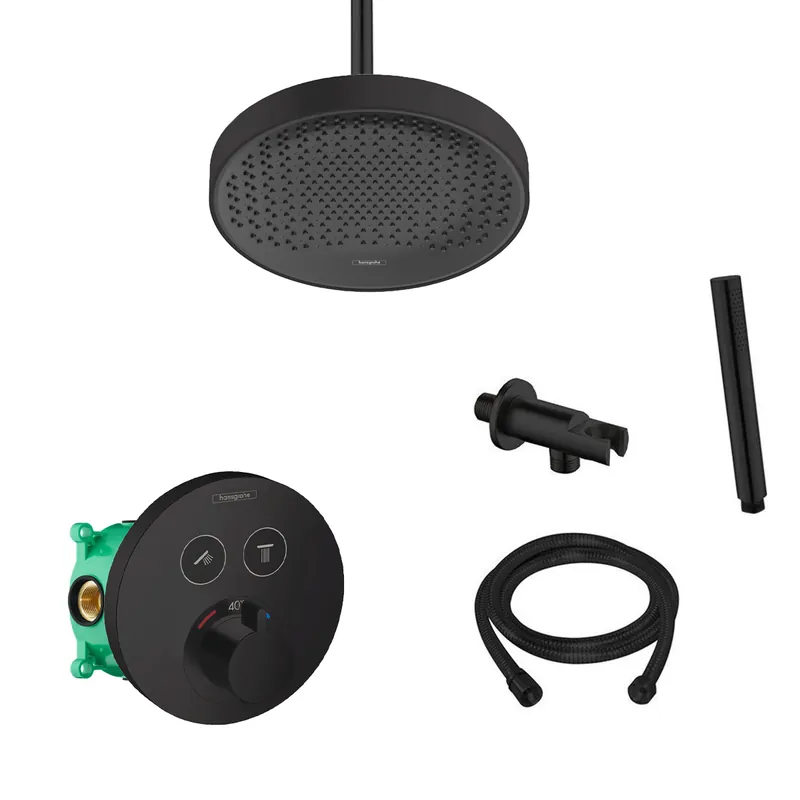 Hansgrohe Rainfinity inbouw regendouche waterbesparend met thermostaatkraan Shower Select en Saniclear plafondarm zwart mat Alleen Vandaag