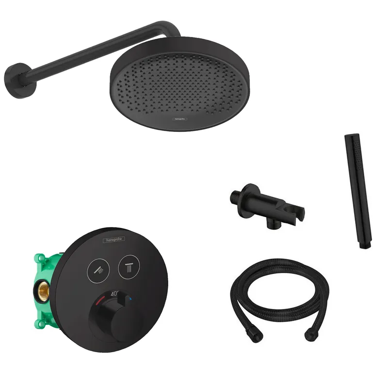 Hansgrohe Rainfinity inbouw regendouche waterbesparend met thermostaatkraan Shower Select en Saniclear muurarm zwart mat Gereduceerde Prijs