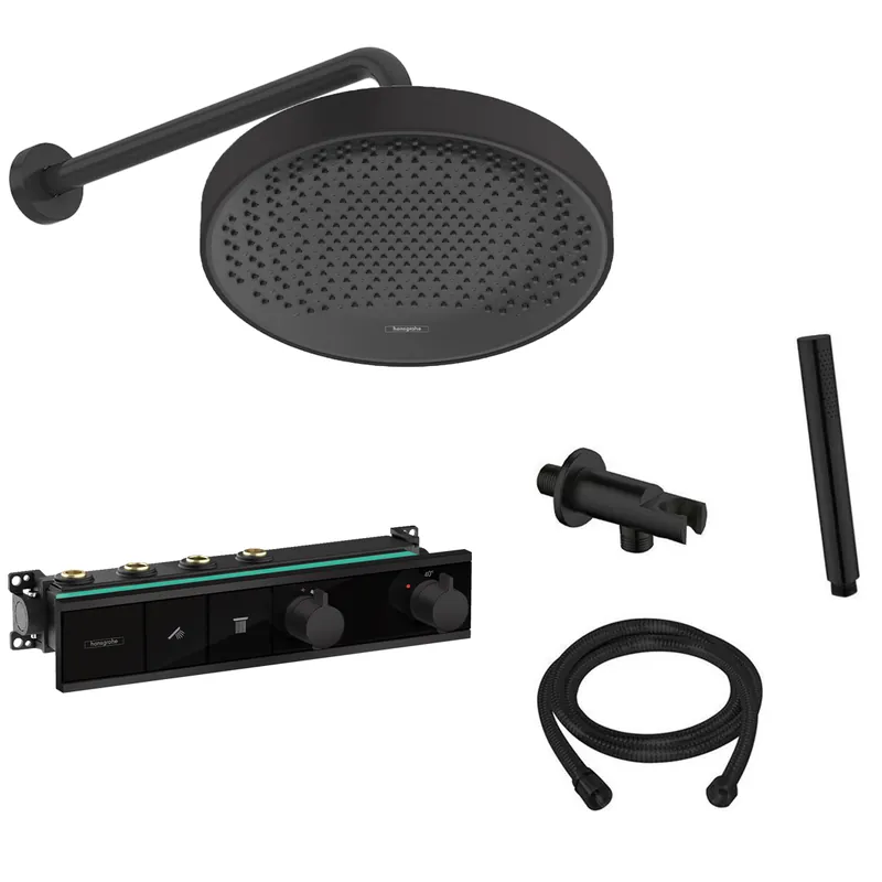 Hansgrohe Rainfinity inbouw regendouche met thermostaatkraan RainSelect en Saniclear muurarm zwart mat Flitsaanbieding