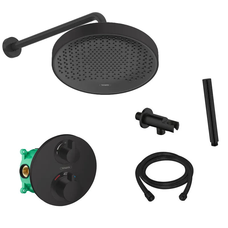 Budget Hansgrohe Rainfinity inbouw regendouche met thermostaatkraan Ecostat S en Saniclear muurarm zwart mat