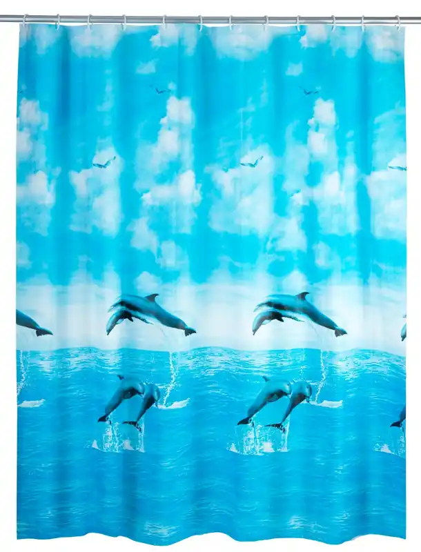 Gratis Retour Wenko PEVA douchegordijn 180x200cm dolfijnen inclusief ringen