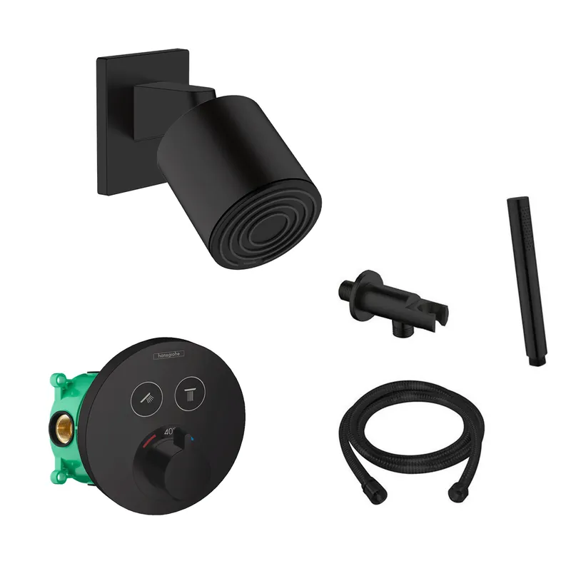Betaalbaar Hansgrohe Pulsify S inbouw regendouche waterbesparend met thermostaatkraan Shower Select en Saniclear handdouche zwart mat