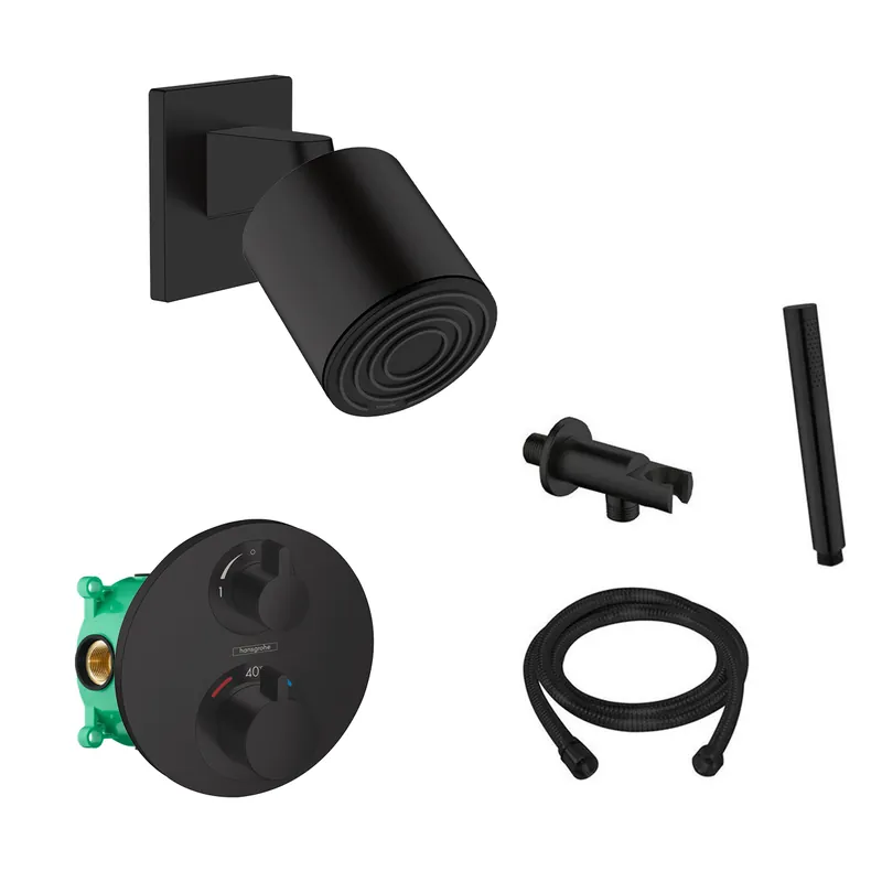 Budget Hansgrohe Pulsify S inbouw regendouche waterbesparend met thermostaatkraan Ecostat S en Saniclear handdouche zwart mat