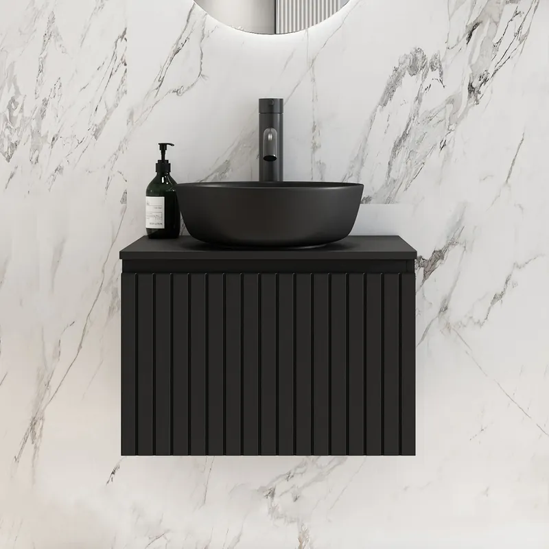 Ambachtelijk Fontana Stripe zwart badmeubel ribbelfront 60cm met zwarte waskom