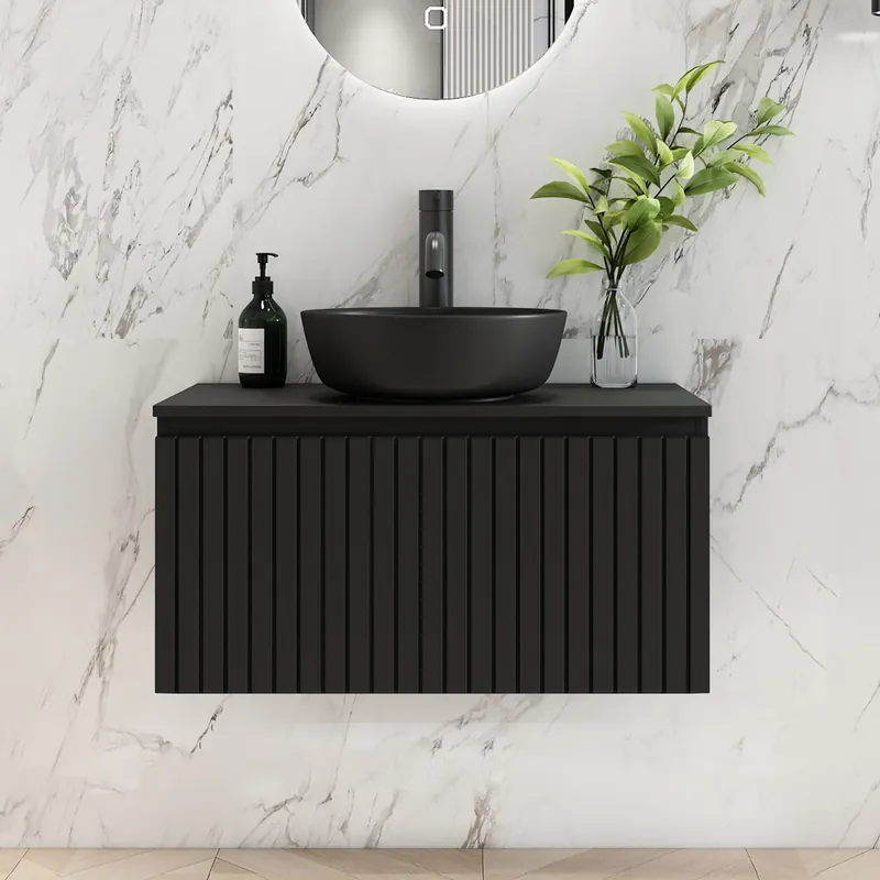 Bestel Nu Fontana Stripe zwart badmeubel ribbelfront 80cm met zwarte waskom