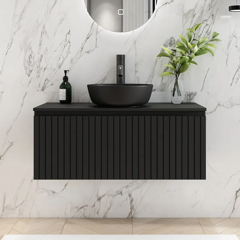 Rechtstreeks Van De Fabrikant Fontana Stripe zwart badmeubel ribbelfront 100cm met zwarte waskom