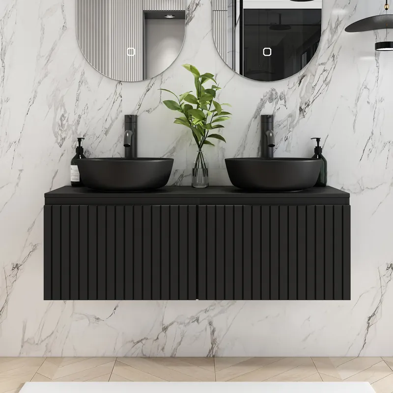 Fontana Stripe zwart badmeubel ribbelfront 120cm met zwarte waskommen Gereduceerde Prijs
