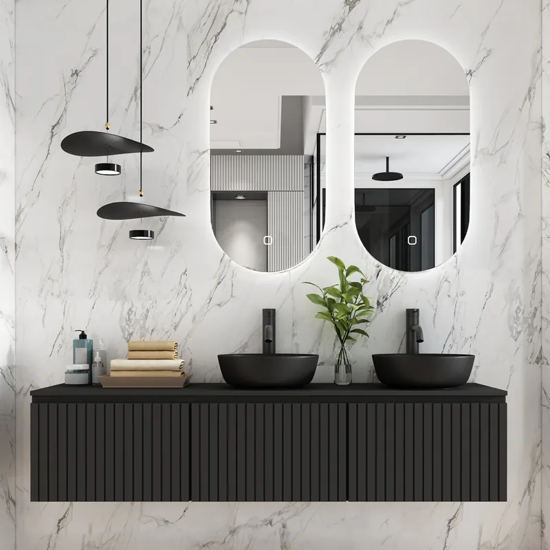 Fontana Stripe zwart badmeubel ribbelfront 180cm met zwarte waskommen Beste Prijs