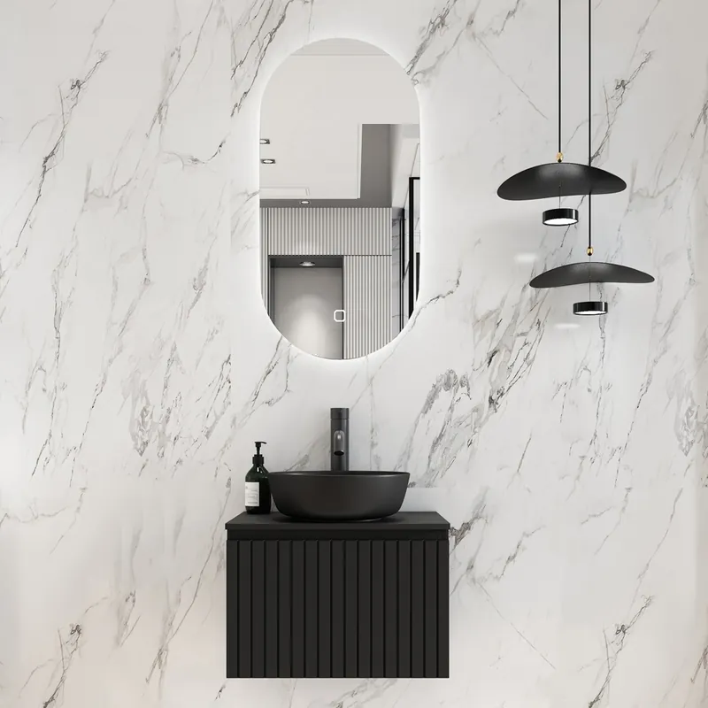 Fontana Stripe zwart badmeubel ribbelfront 60cm met zwarte waskom en ovale LED spiegel Goedkoop