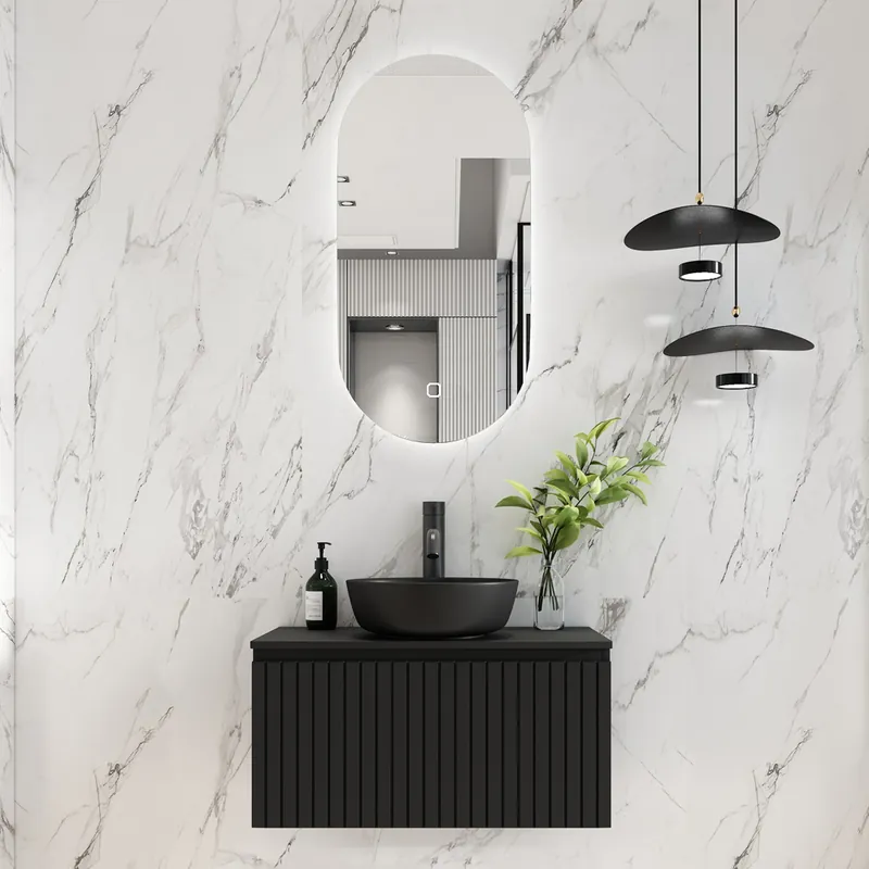 Handgemaakt Fontana Stripe zwart badmeubel ribbelfront 80cm met zwarte waskom en ovale LED spiegel