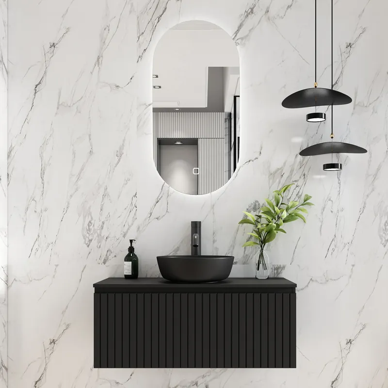 Fontana Stripe zwart badmeubel ribbelfront 100cm met zwarte waskom en ovale LED spiegel Modern