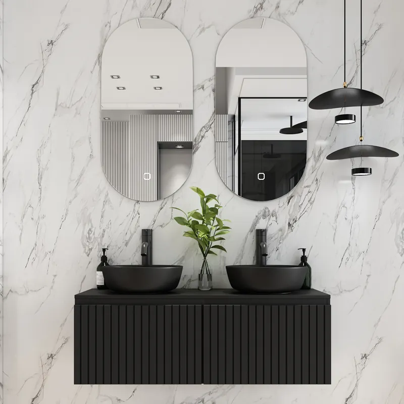 Direct Verzonden Fontana Stripe zwart badmeubel ribbelfront 120cm met zwarte waskommen en ovale LED spiegels