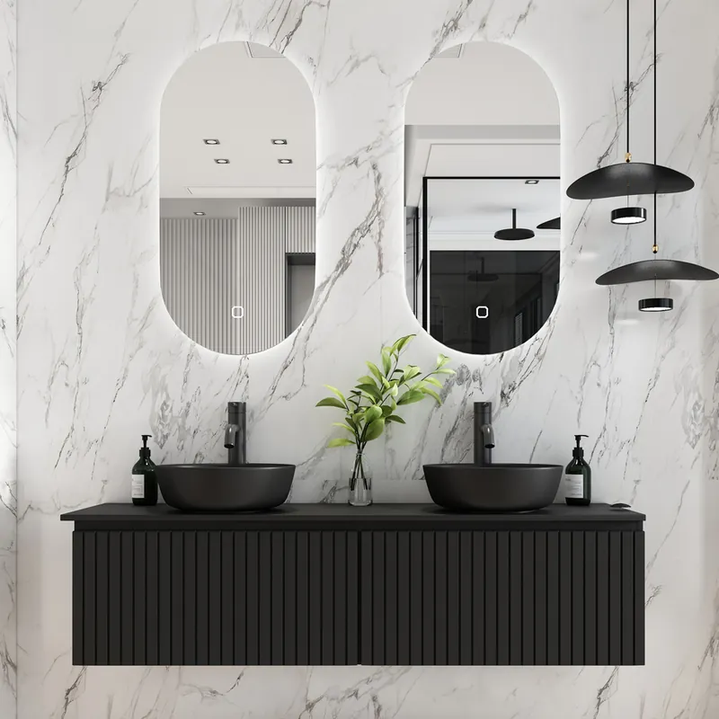 Gereduceerde Prijs Fontana Stripe zwart badmeubel ribbelfront 160cm met zwarte waskommen en ovale LED spiegels