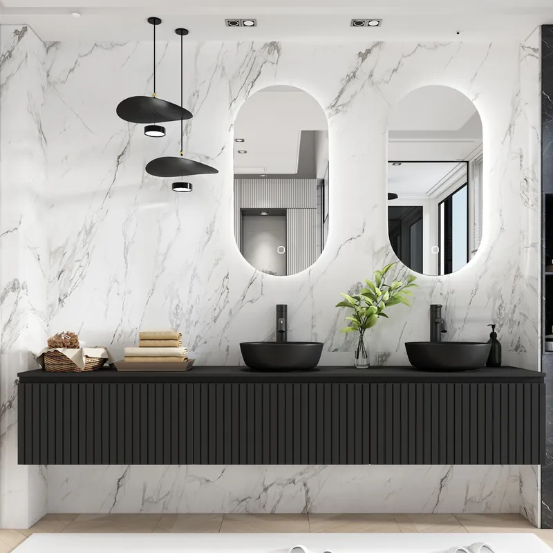 Fontana Stripe zwart badmeubel ribbelfront 240cm met zwarte waskommen en ovale LED spiegels Alleen Vandaag
