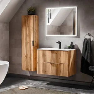 Koopje Comad Adele Oak badkamermeubel 80cm eiken met witte wastafel 1 kraangat