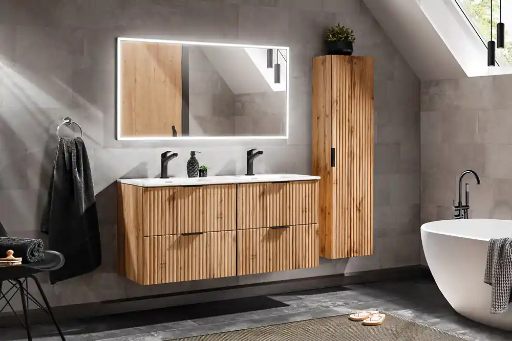 Topkwaliteit Comad Adele Oak badkamermeubel 120cm eiken met dubbele wastafel 2 kraangaten