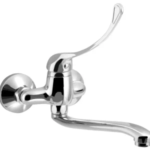 Aqualine 35 wastafelkraan met medische hendel en gebogen uitloop 22cm hartafstand 10cm chroom Gratis Verzending