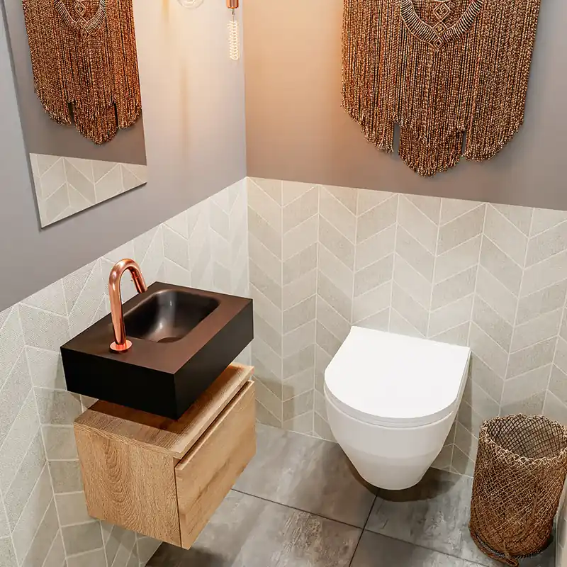 Aanbieding Mondiaz Andor toiletmeubel 40cm eiken met zwarte wastafel rechts met kraangat