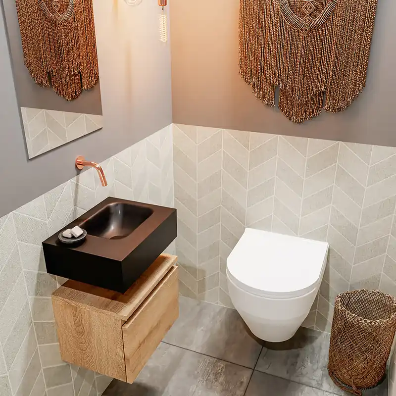 Beste Prijs Mondiaz Andor toiletmeubel 40cm eiken met zwarte wastafel rechts zonder kraangat