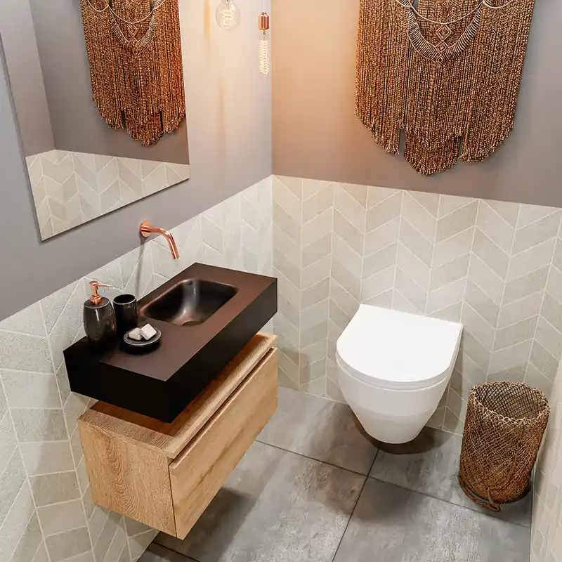 Exclusieve Aanbieding Mondiaz Andor toiletmeubel 60cm eiken met zwarte wastafel rechts zonder kraangat