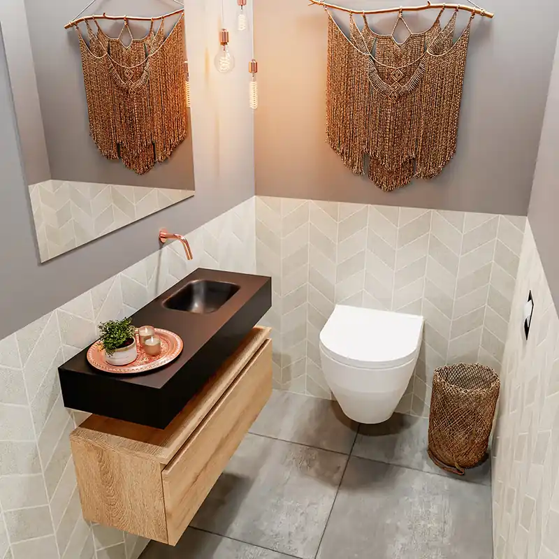 Handgemaakt Mondiaz Andor toiletmeubel 80cm eiken met zwarte wastafel rechts zonder kraangat