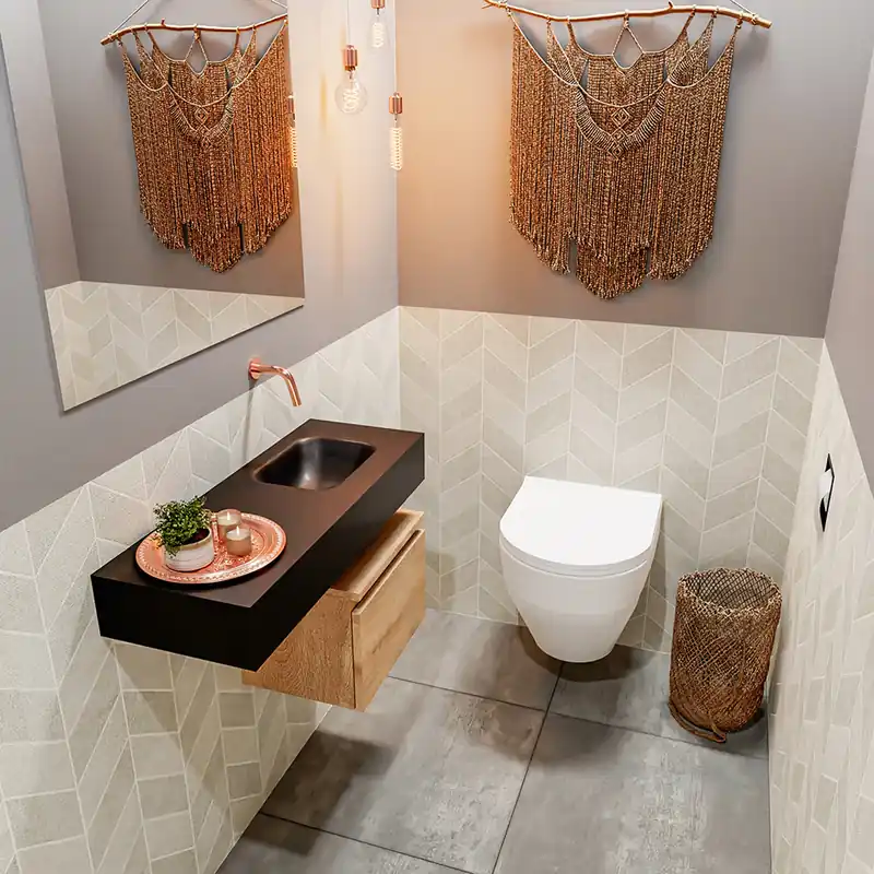Laatste Kans Mondiaz Andor toiletmeubel 40cm eiken met zwarte wastafel 80cm rechts zonder kraangat