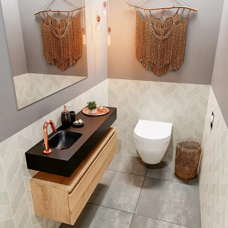 Origineel Mondiaz Andor toiletmeubel 100cm eiken met zwarte wastafel links met kraangat