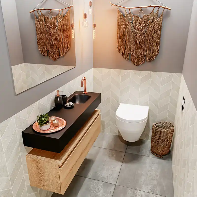 Budget Mondiaz Andor toiletmeubel 100cm eiken met zwarte wastafel rechts met kraangat