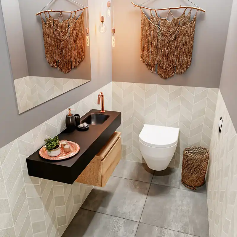 Koop Online Mondiaz Andor toiletmeubel 50cm eiken met zwarte wastafel 100cm rechts met kraangat