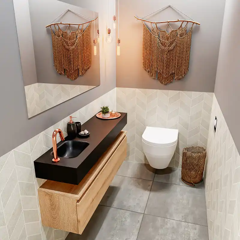 Beste Prijs Mondiaz Andor toiletmeubel 120cm eiken met zwarte wastafel links met kraangat