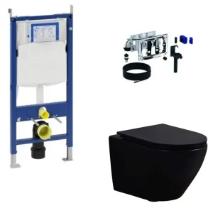Complete Geberit Duofresh toiletset met Saniclear Itsie matzwart randloos toilet en drukplaat. Zelf samenstellen! Shop Nu