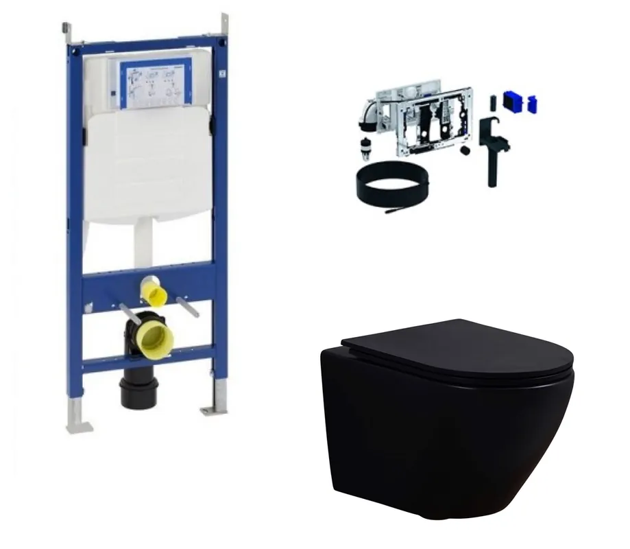 Complete Geberit Duofresh toiletset met Saniclear Itsie matzwart randloos toilet en drukplaat. Zelf samenstellen! Shop Nu