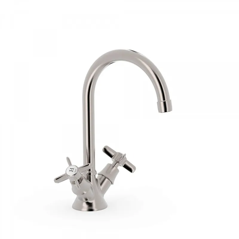 Trendy Tres Clasic wastafelkraan met hoge C uitloop en twee grepen geborsteld staal