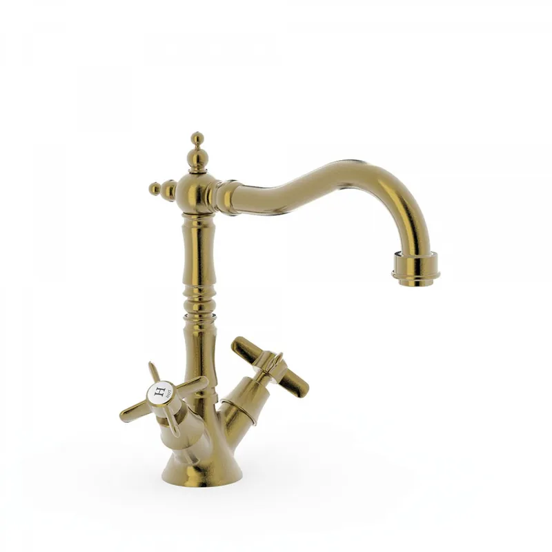 Tres Clasic wastafelkraan met hoge uitloop en twee grepen verouderd messing Must-Have