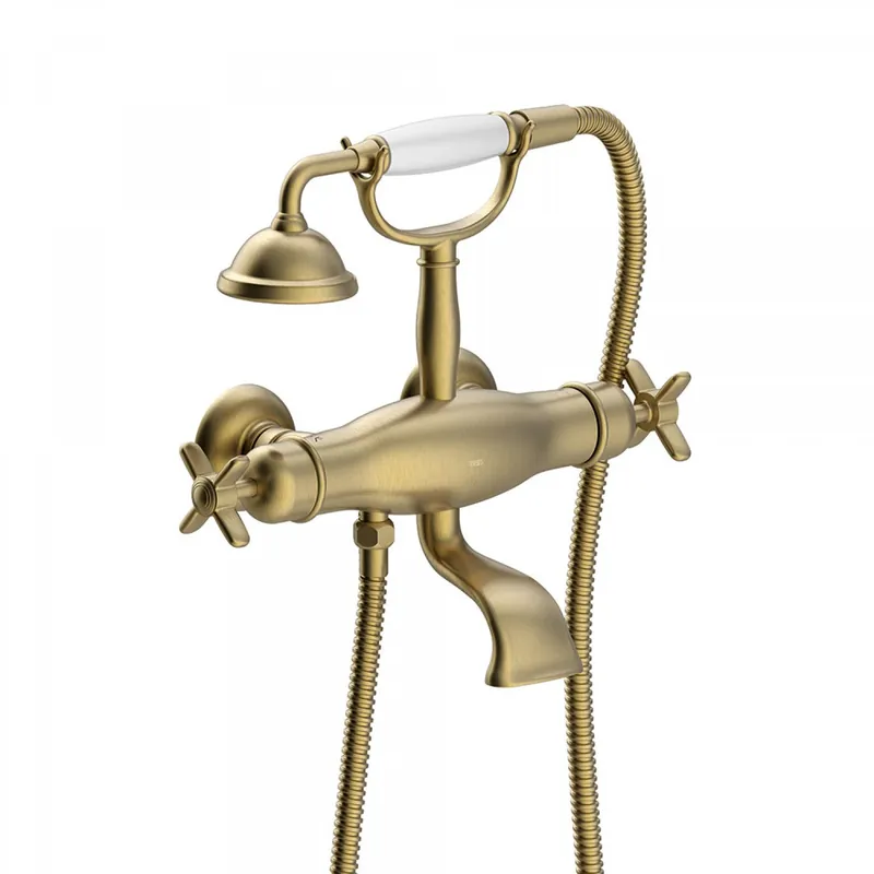 Exclusief Tres Clasic thermostatische badkraan met handdouche mat verouderd messing