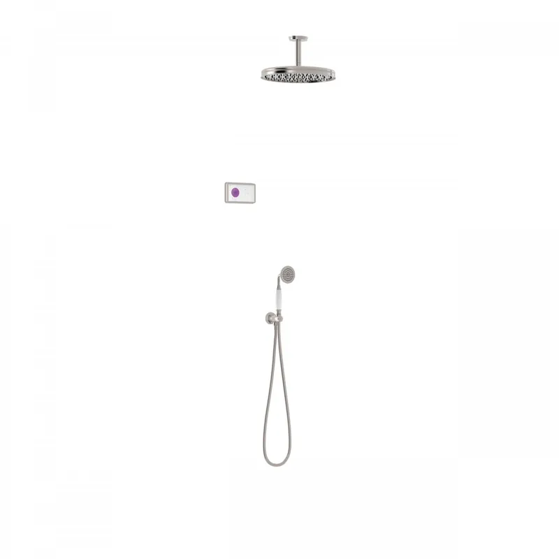 Authentiek Tres Shower Technology Clasic elektronische inbouwthermostaat met regendouche en handdouche plafondmontage geborsteld staal