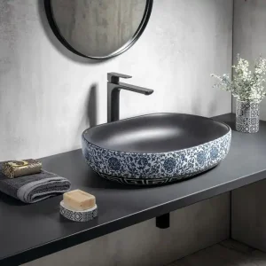 Bulkbestelling Sapho Priori keramische waskom 60x40cm zwart-blauw met decoratie
