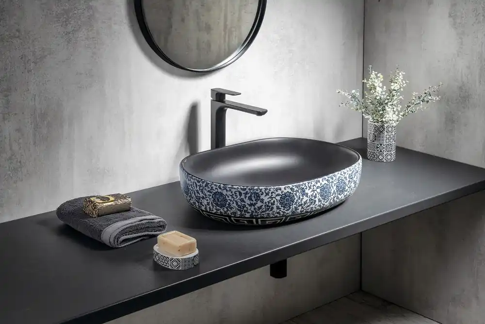 Bulkbestelling Sapho Priori keramische waskom 60x40cm zwart-blauw met decoratie