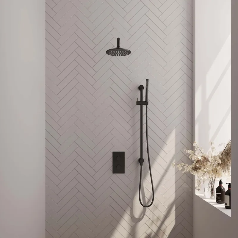 Brauer Black Edition complete inbouw regendouche met staafhanddouche, gebogen wandarm, glijstang en hoofddouche 20cm set 39 zwart mat Authentiek