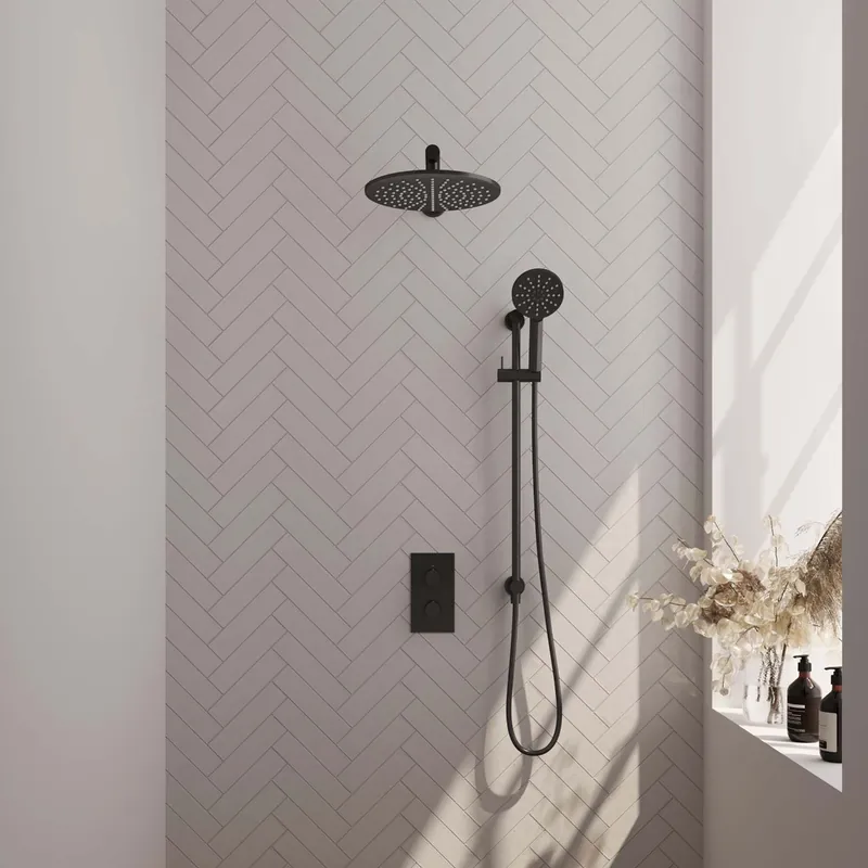 Hoge Kwaliteit Brauer Black Edition complete inbouw regendouche met 3 standen handdouche, rechte wandarm, glijstang en hoofddouche 30cm set 44 zwart mat