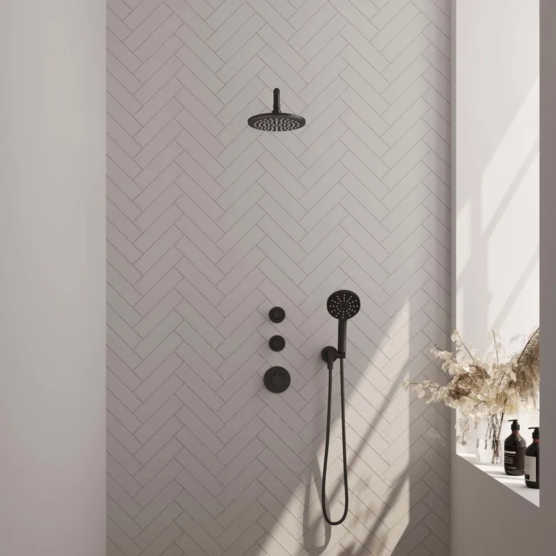 Korting Brauer Black Edition complete inbouw regendouche met 3 standen handdouche, gebogen wandarm en hoofddouche 20cm set 9 zwart mat