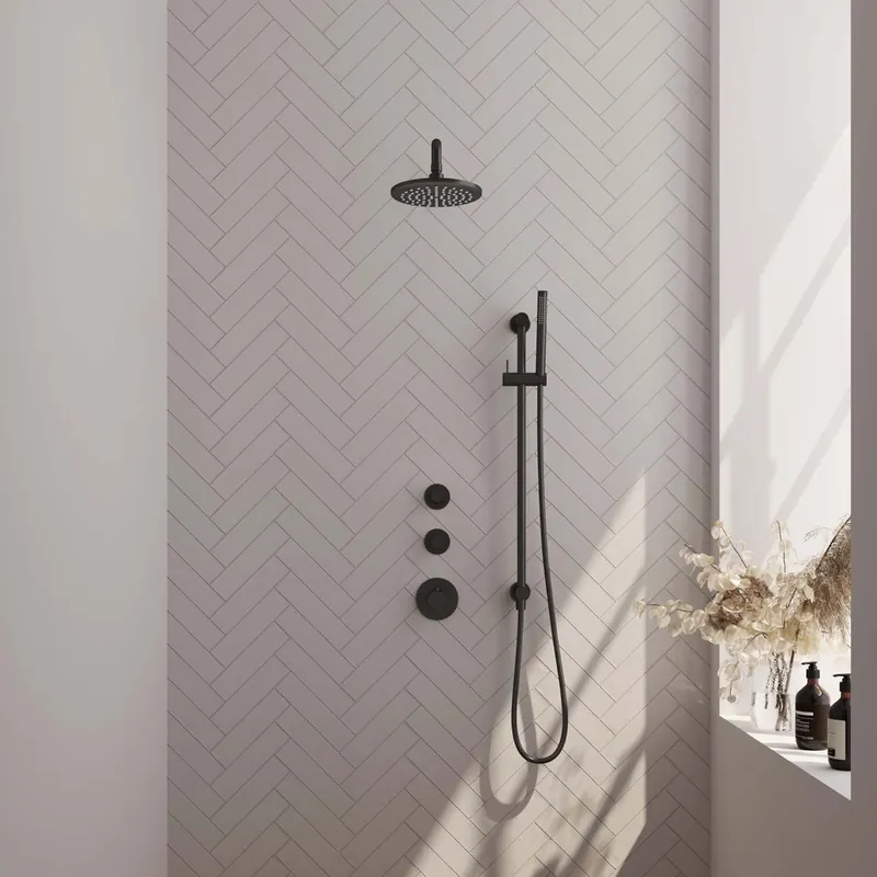 Nu Kopen Brauer Black Edition complete inbouw regendouche met staafhanddouche, gebogen wandarm, glijstang en hoofddouche 20cm set 15 zwart mat
