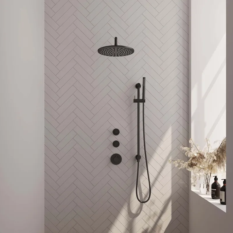 Professioneel Brauer Black Edition complete inbouw regendouche met staafhanddouche, gebogen wandarm, glijstang en hoofddouche 30cm set 16 zwart mat