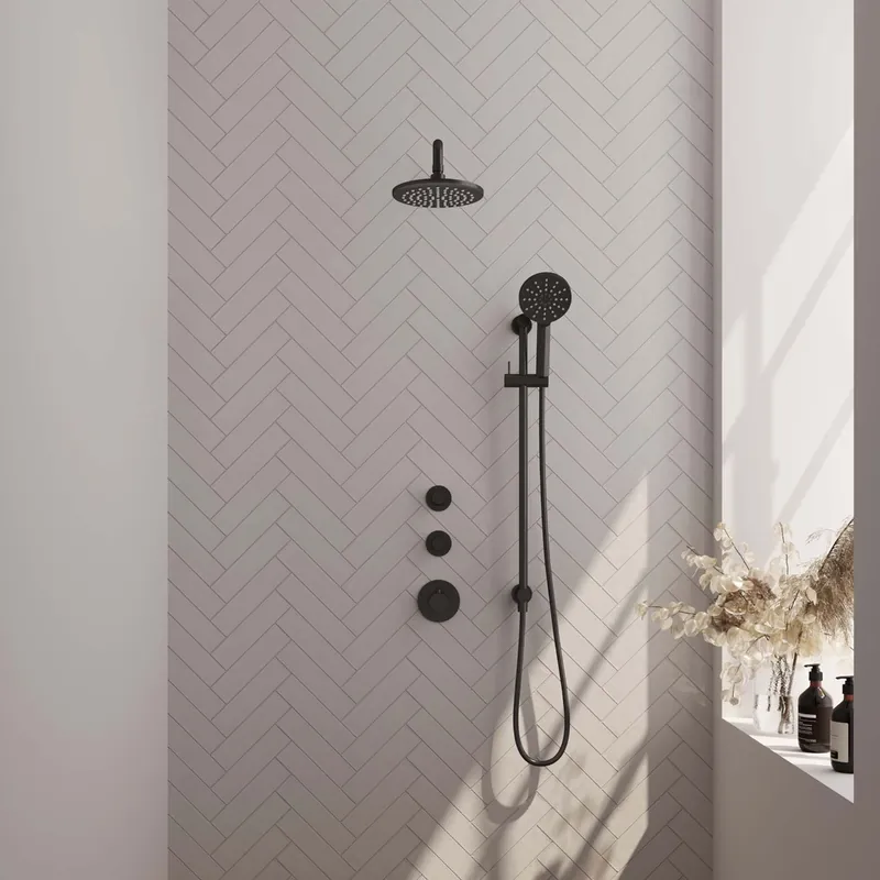 Betaalbaar Brauer Black Edition complete inbouw regendouche met 3 standen handdouche, gebogen wandarm, glijstang en hoofddouche 20cm set 21 zwart mat