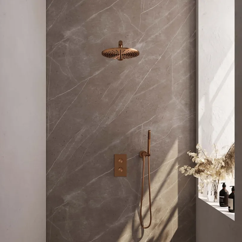 Brauer Copper Edition complete inbouw regendouche met staafhanddouche, rechte wandarm en hoofddouche 30cm set 26 koper geborsteld PVD Beperkt Aanbod