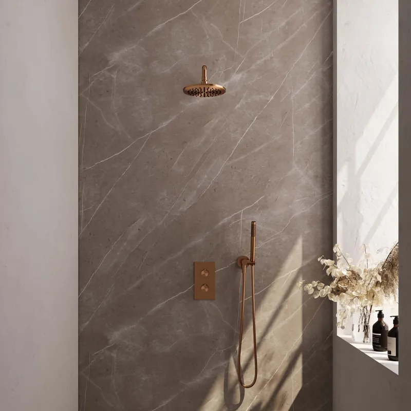Premium Brauer Copper Edition complete inbouw regendouche met staafhanddouche, gebogen wandarm en hoofddouche 20cm set 27 koper geborsteld PVD