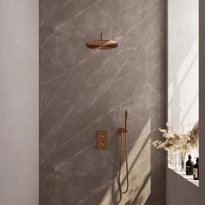 Brauer Copper Edition complete inbouw regendouche met staafhanddouche, gebogen wandarm en hoofddouche 30cm set 28 koper geborsteld PVD Origineel