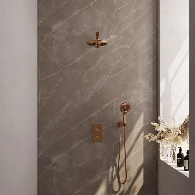 Trendy Brauer Copper Edition complete inbouw regendouche met 3 standen handdouche, rechte wandarm en hoofddouche 20cm set 31 koper geborsteld PVD