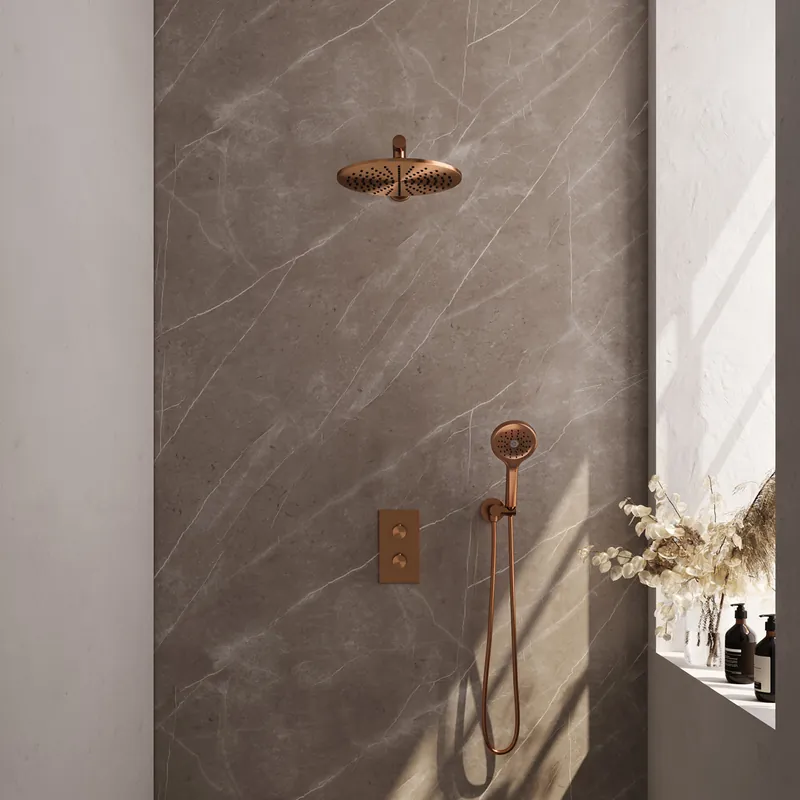 Ambachtelijk Brauer Copper Edition complete inbouw regendouche met 3 standen handdouche, rechte wandarm en hoofddouche 30cm set 32 koper geborsteld PVD