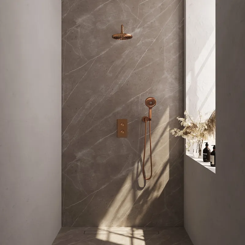Hete Deal Brauer Copper Edition complete inbouw regendouche met 3 standen handdouche, gebogen wandarm en hoofddouche 20cm set 33 koper geborsteld PVD